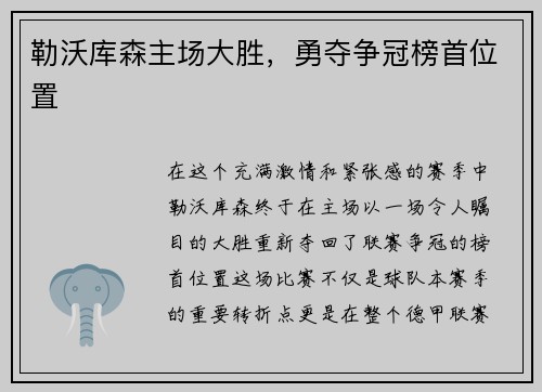 勒沃库森主场大胜，勇夺争冠榜首位置